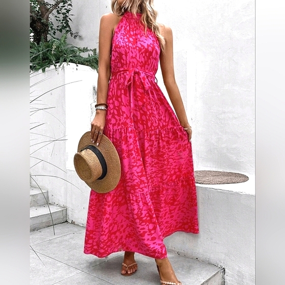 NEW Chic Dot Print Tiered Ruffle Halter Maxi Dress Red Hot Pink - Picture 1 of 8